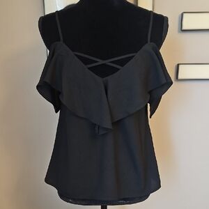 Lulu's Black Ruffle Spaghetti Strap Cold Shoulder Women's Top